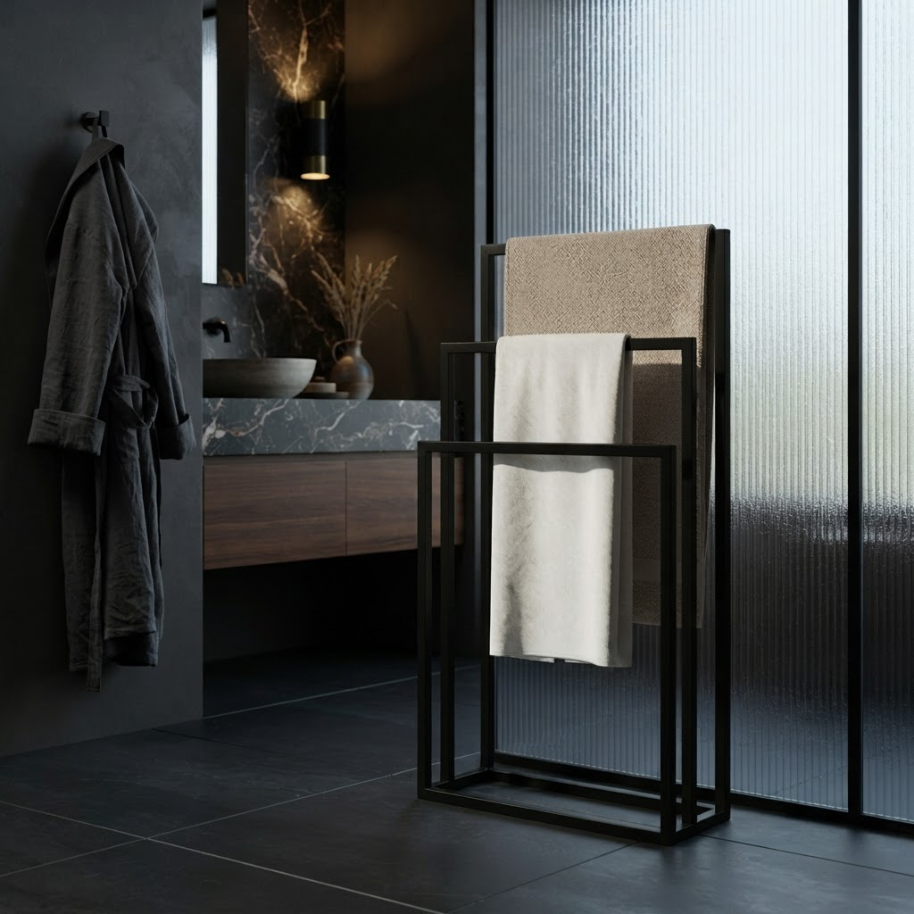 Porte-Serviettes sur Pied Noir 3 Niveaux – Sans Perçage pour Salle de Bain