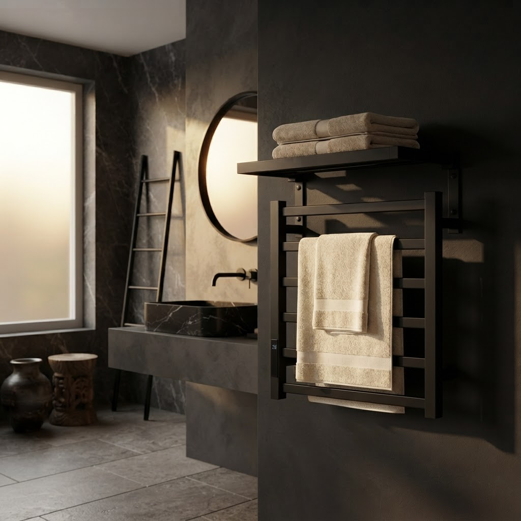 Sèche-Serviettes Électrique Noir avec Affichage Numérique – Radiateur Salle de Bain avec Tablette
