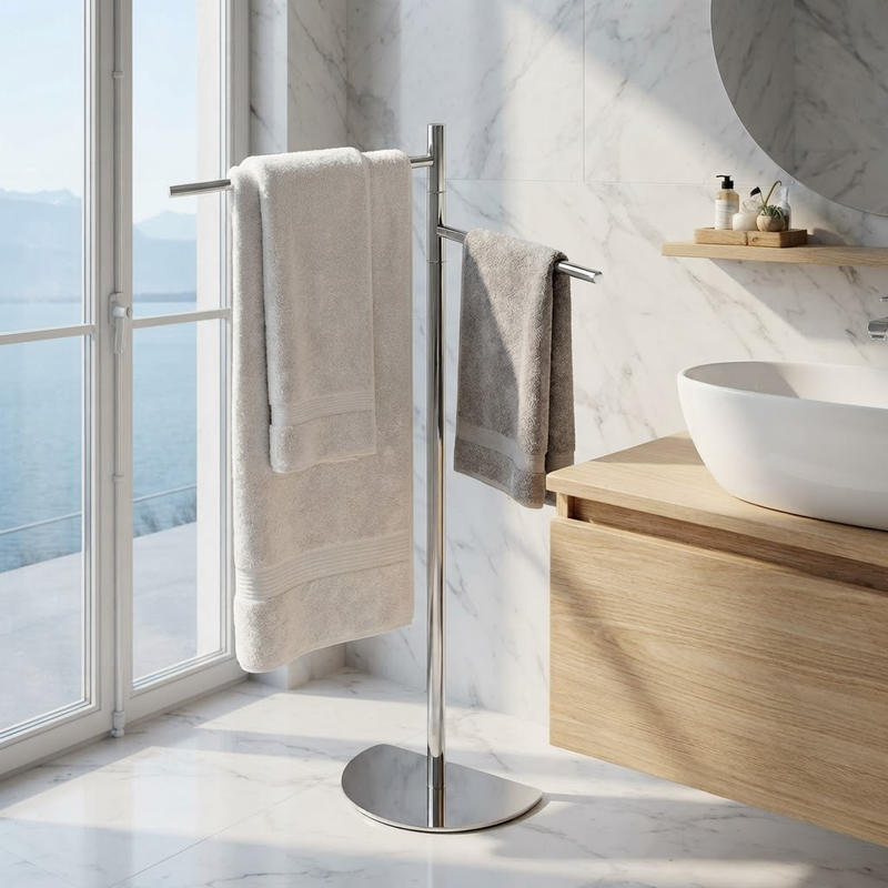 Porte-Serviettes Pivotant Chromé 2 Bras sur Socle – Sans Perçage, Hauteur 80 cm