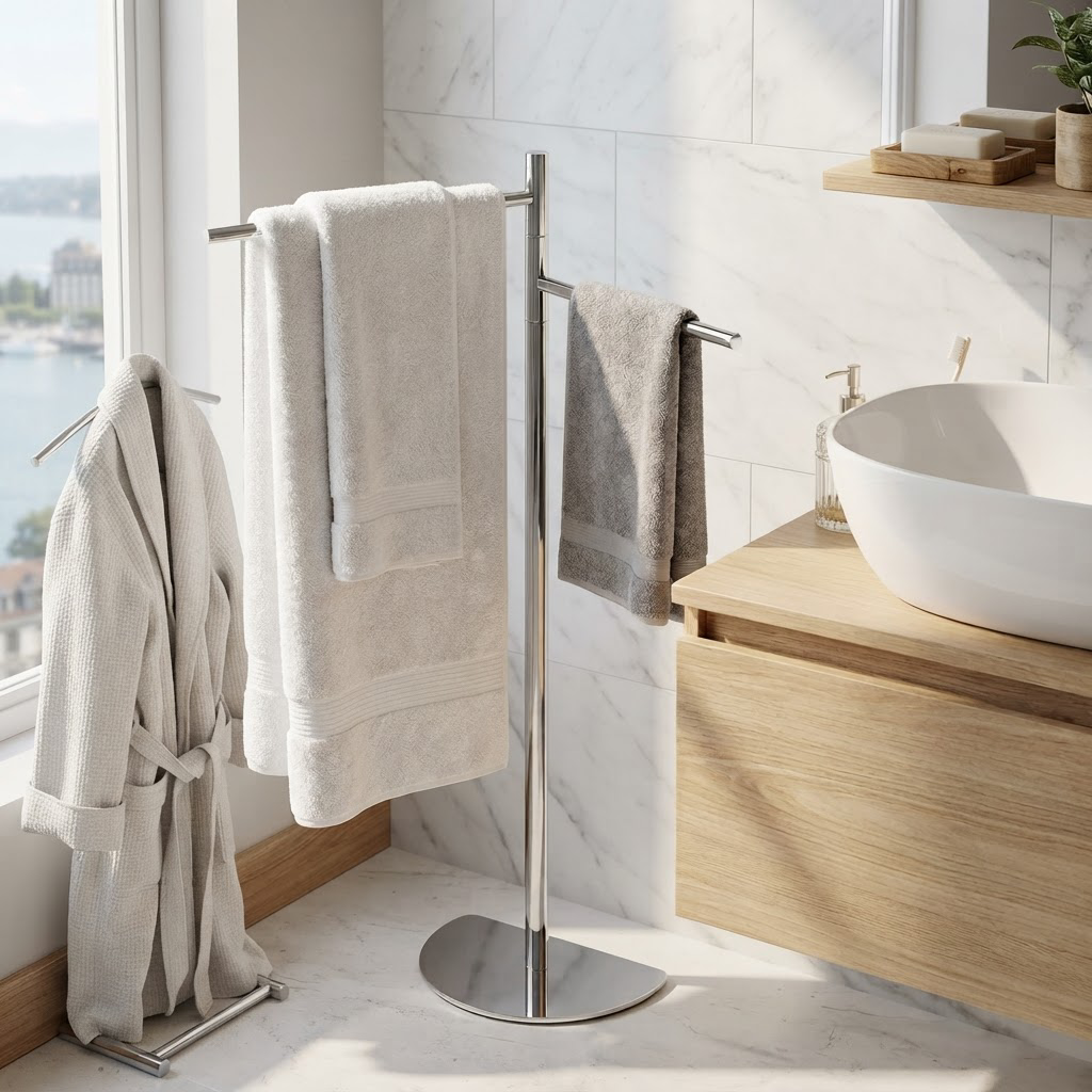 Porte-Serviettes Pivotant Chromé 2 Bras sur Socle – Sans Perçage, Hauteur 80 cm