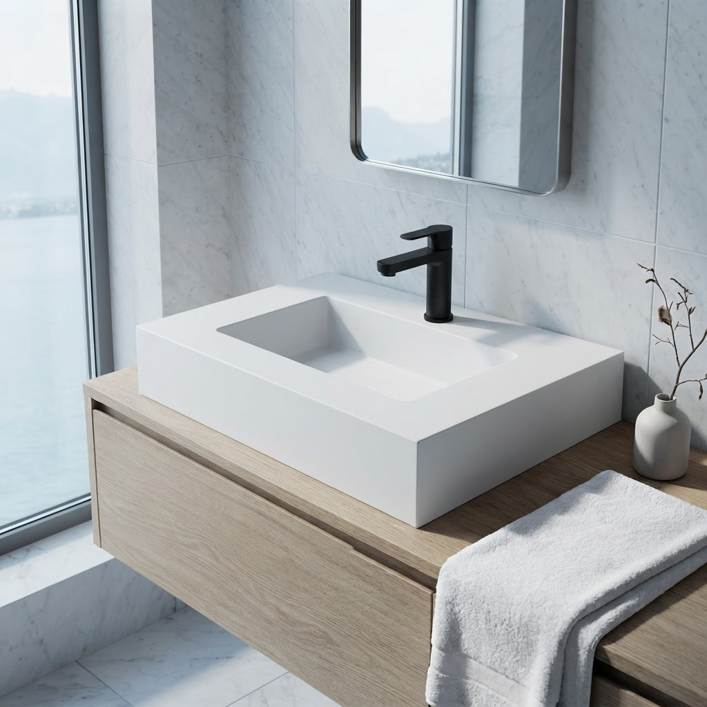 Vasque à Poser Rectangulaire Blanche 80 x 46 cm en Résine Mate – Lavabo Salle de Bain