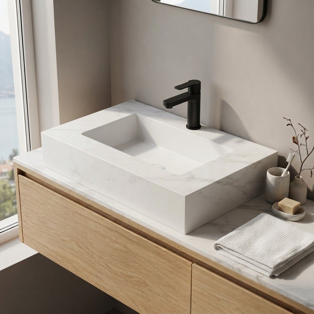 Vasque à Poser Rectangulaire Blanche 80 x 46 cm en Résine Mate – Lavabo Salle de Bain