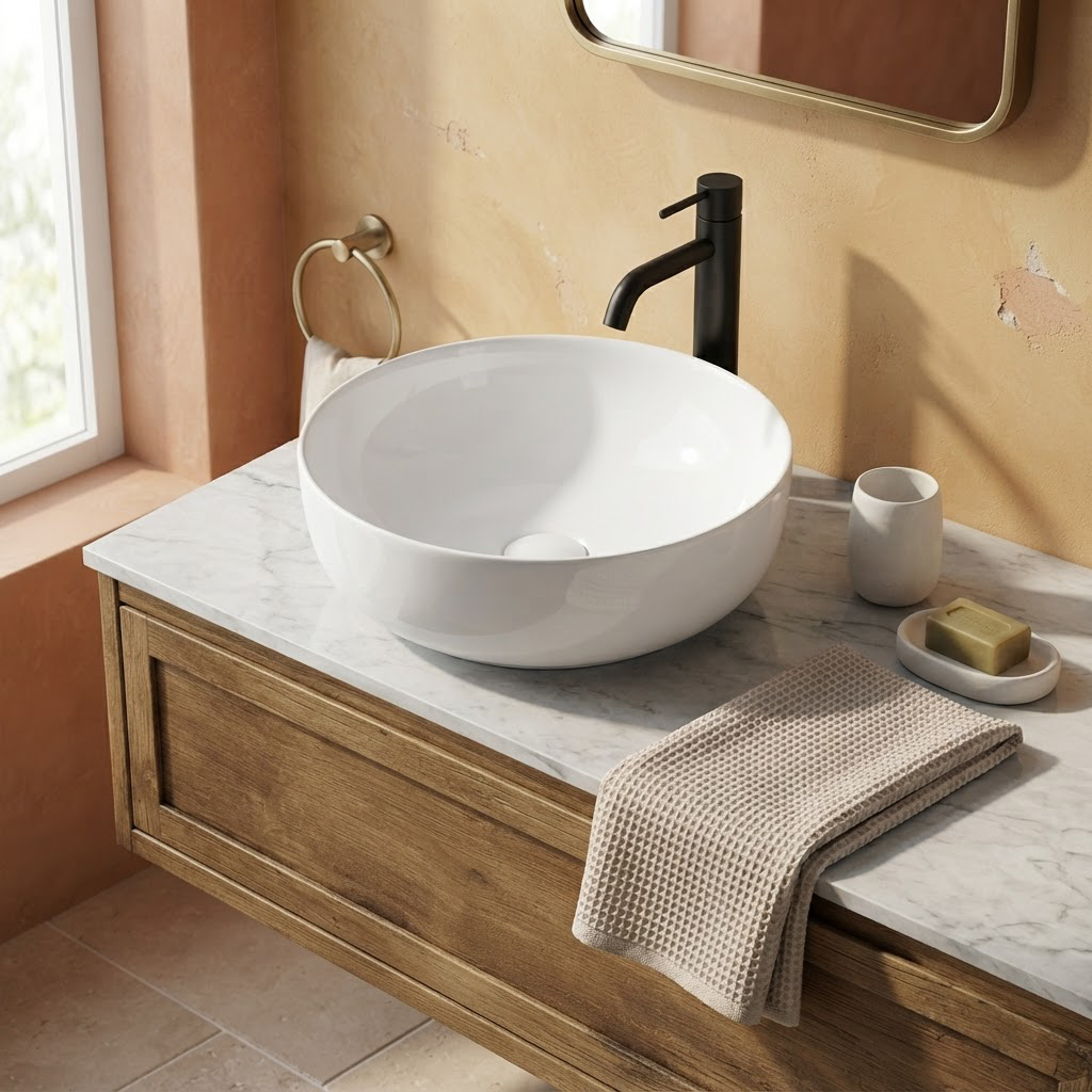 Vasque à Poser Ronde Blanche Ø 41,5 cm en Céramique – Lavabo Salle de Bain
