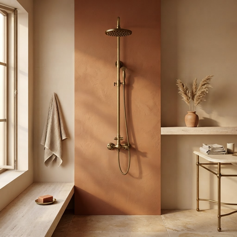 Colonne de Douche en Laiton Antique avec Bec de Bain – Pommeau Pluie et Douchette, Pose Murale