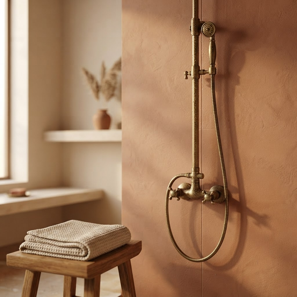 Colonne de Douche en Laiton Antique avec Bec de Bain – Pommeau Pluie et Douchette, Pose Murale