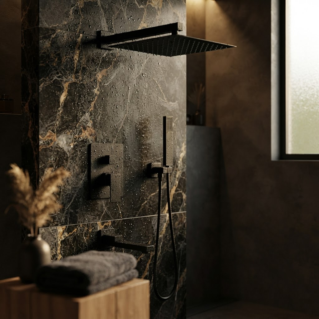 Colonne de Douche Encastrée Noire Mat – Ensemble 3 Fonctions : Pluie, Cascade et Bec Verseur