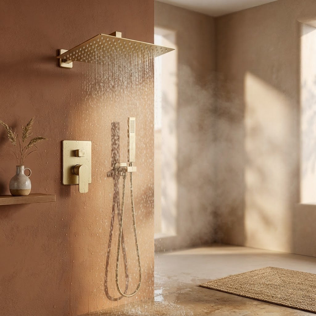 Colonne de Douche Encastrée Or Brossé Carrée – Pommeau Pluie 25 cm et Douchette Encastrée