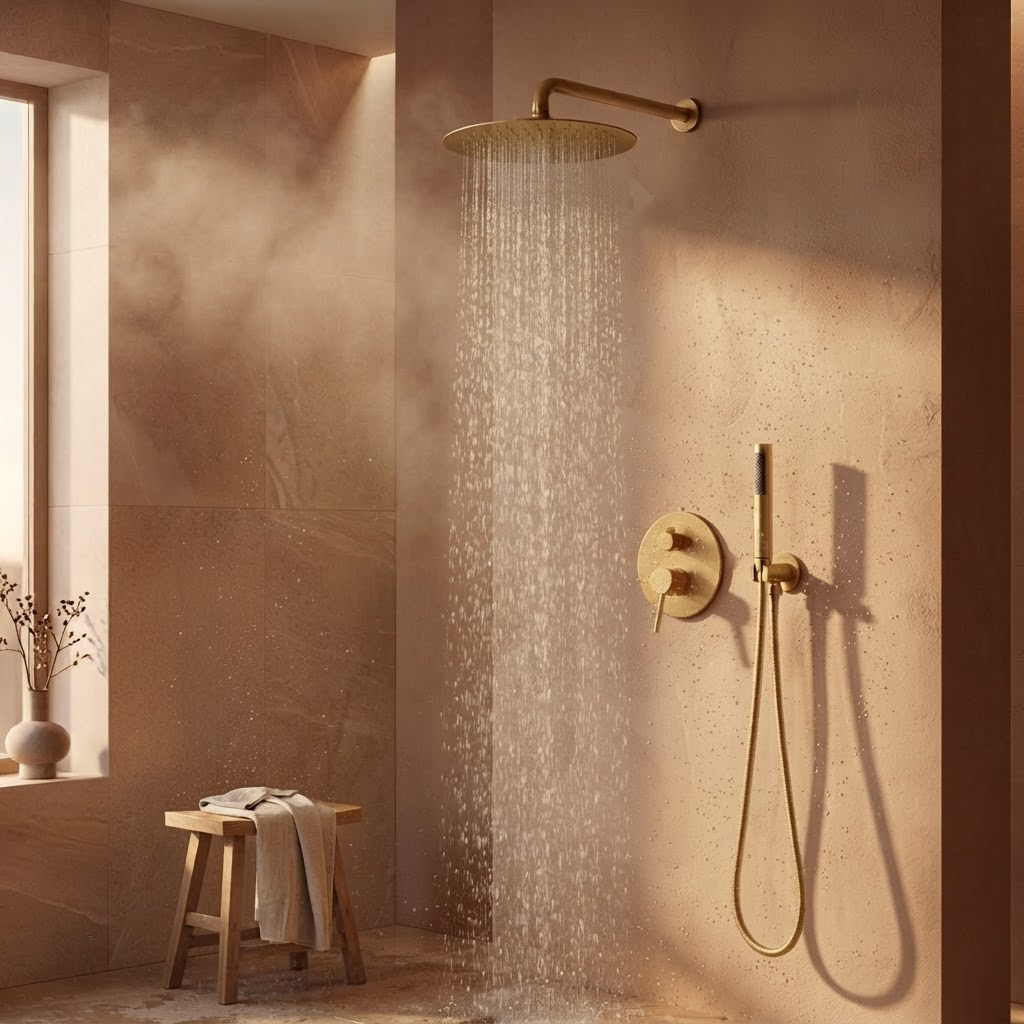 Colonne de Douche Encastrée Or Brossé Ronde – Pommeau Rond Ø 25 cm et Mitigeur Encastré
