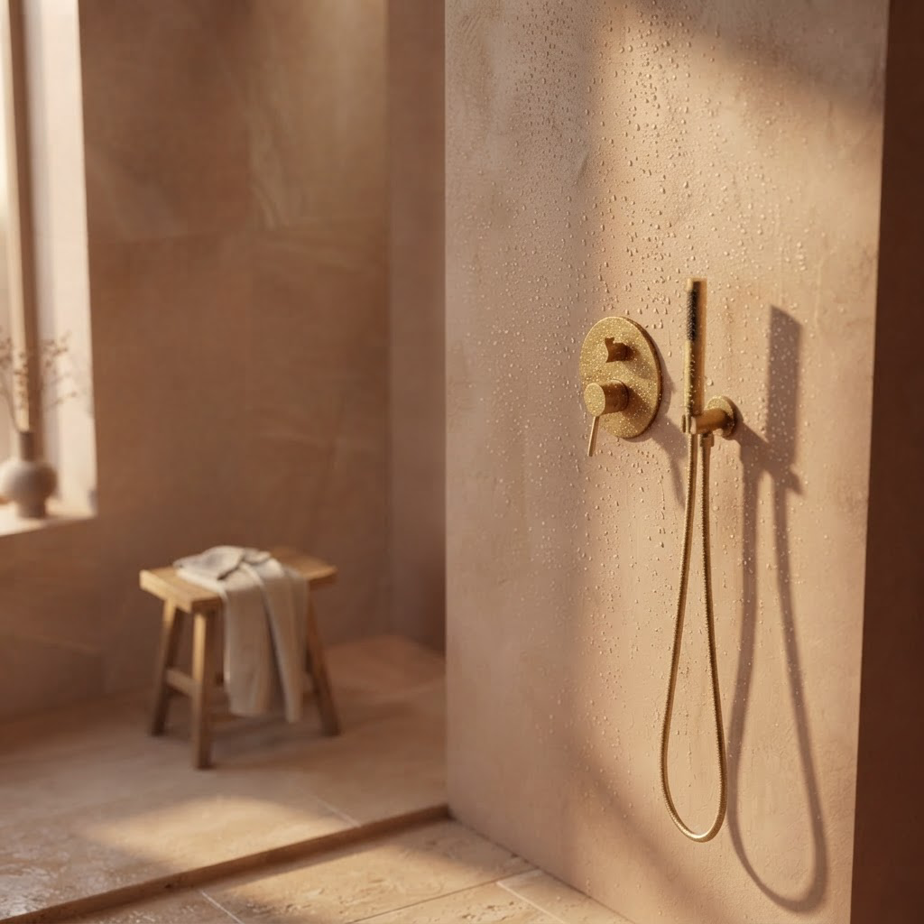 Colonne de Douche Encastrée Or Brossé Ronde – Pommeau Rond Ø 25 cm et Mitigeur Encastré