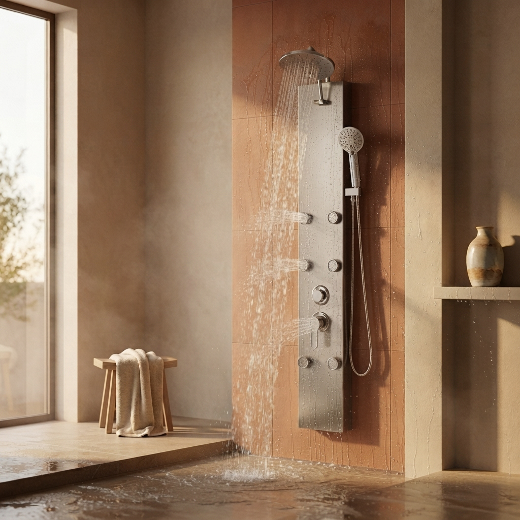 Colonne de Douche Hydromassante Argentée 6 Jets – Panneau Inox avec Pommeau Pluie et Douchette à Main