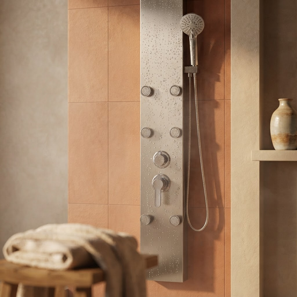 Colonne de Douche Hydromassante Argentée 6 Jets – Panneau Inox avec Pommeau Pluie et Douchette à Main