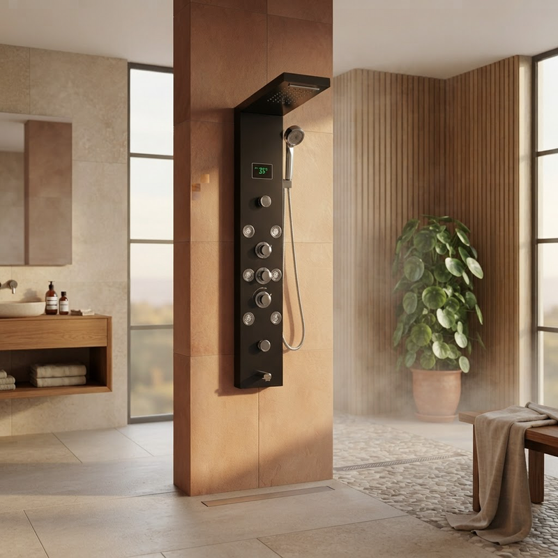 Colonne de Douche Hydromassante Noire avec Écran LCD – Panneau Mural, Jets de Massage et Pommeau Pluie
