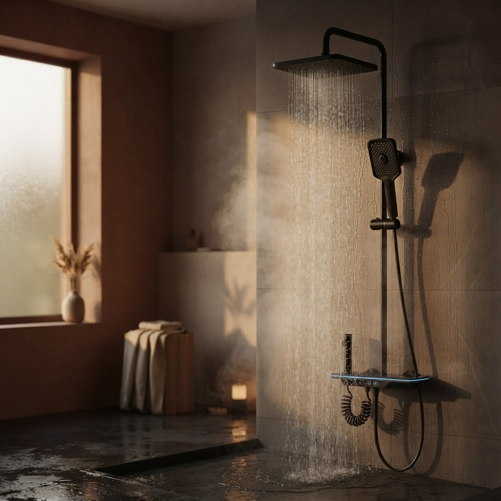 Colonne de Douche Thermostatique Noire à Affichage LED – Température Digitale, Sans Pile