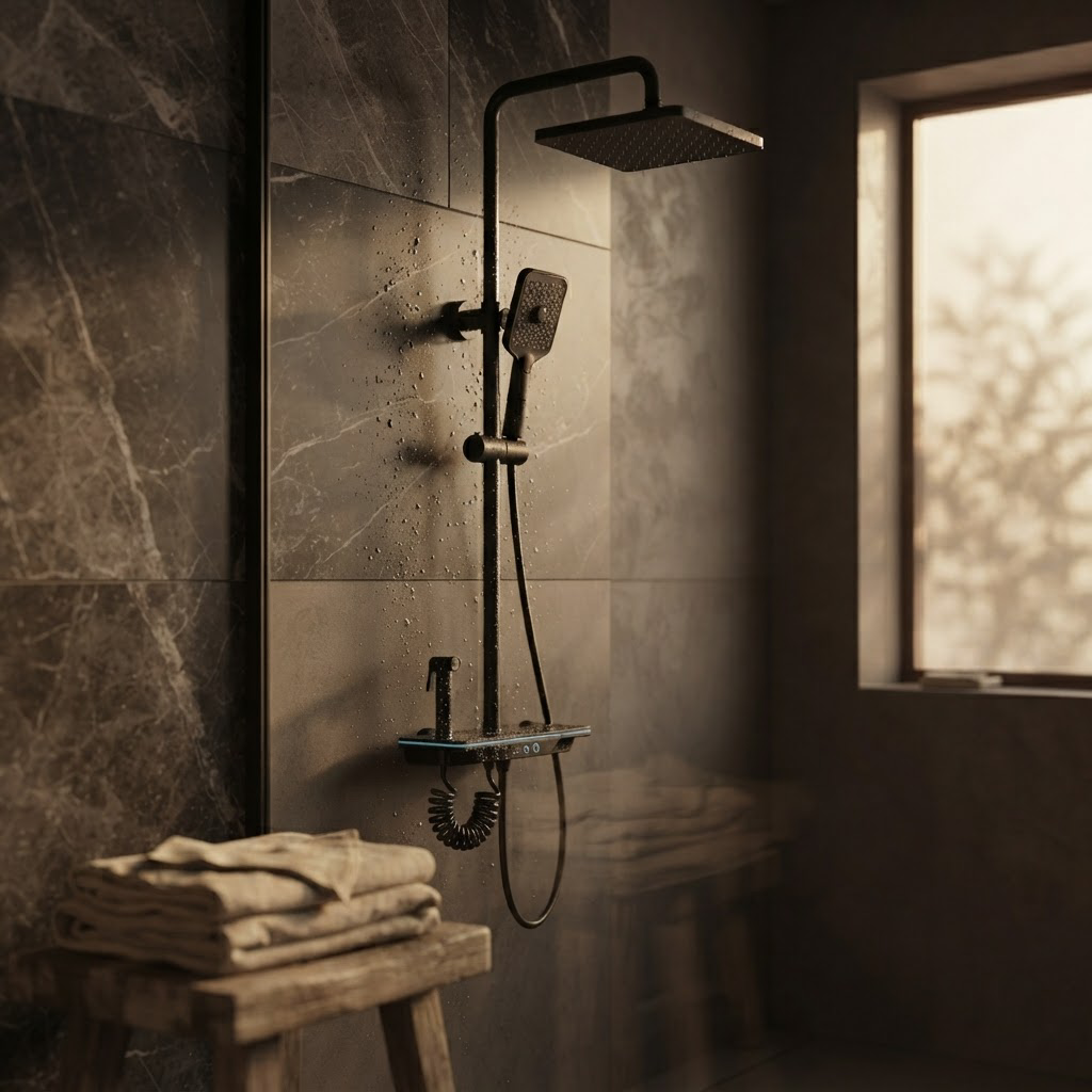 Colonne de Douche Thermostatique Noire à Affichage LED – Température Digitale, Sans Pile