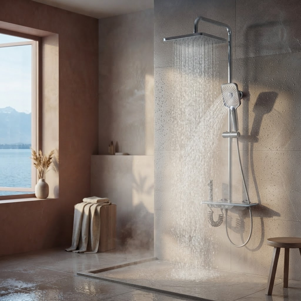 Colonne de Douche Thermostatique Argentée à Affichage LED – Température Digitale, Sans Pile