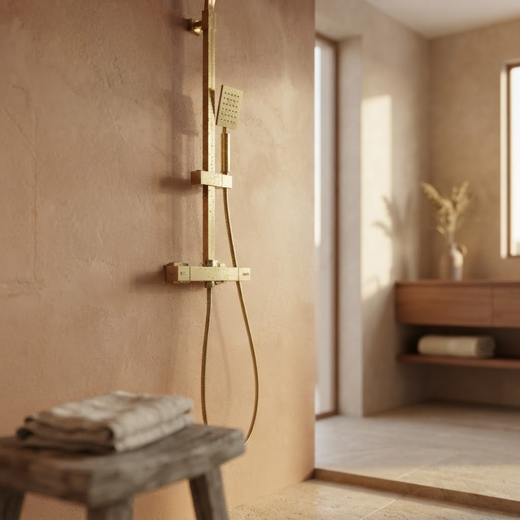 Colonne de Douche Dorée Murale – Thermostatique en Laiton avec Pommeau Pluie et Douchette