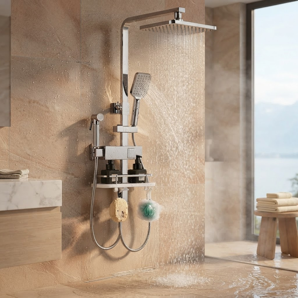 Ensemble de Douche Chromé avec Tablette de Rangement – Pommeau Pluie, Douchette et Bidet Mural