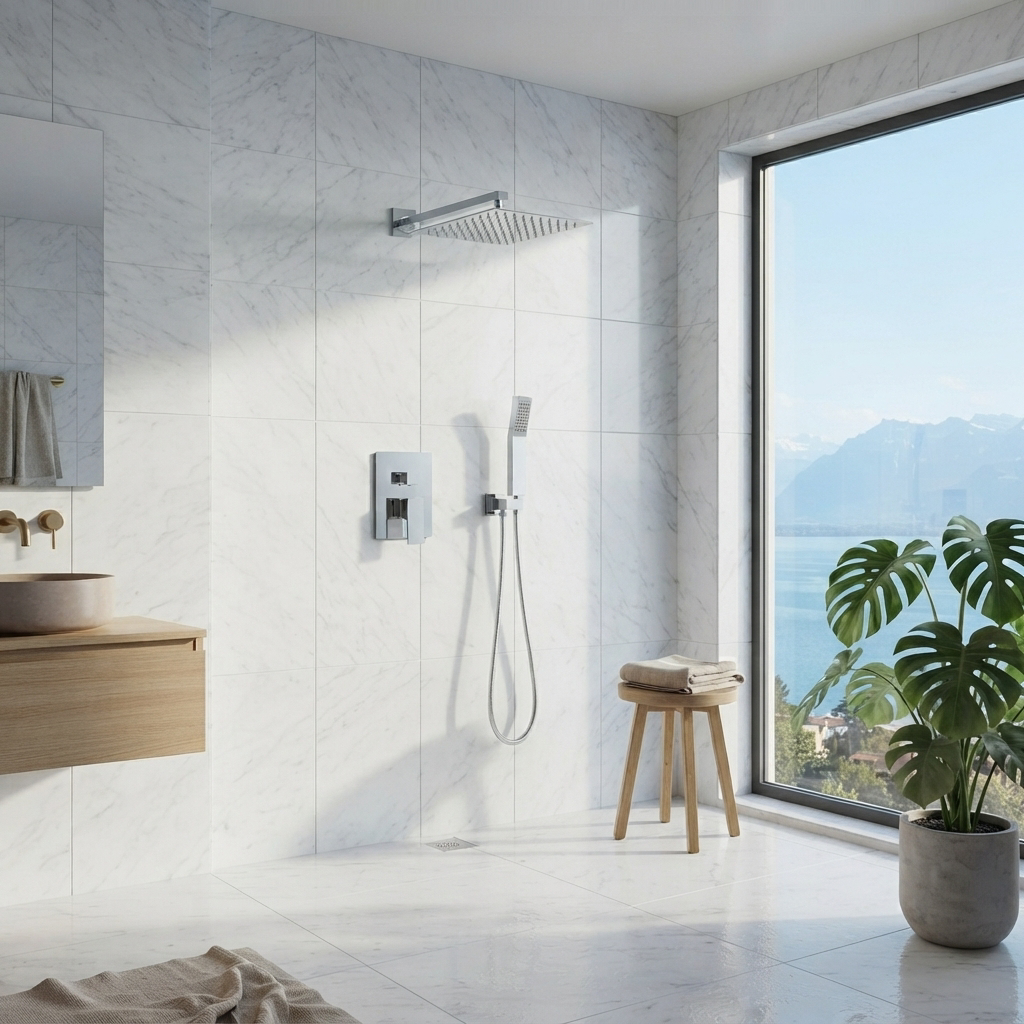 Ensemble de Douche Encastré Argenté Effet Pluie – Pommeau Plat 30 cm en Inox 304