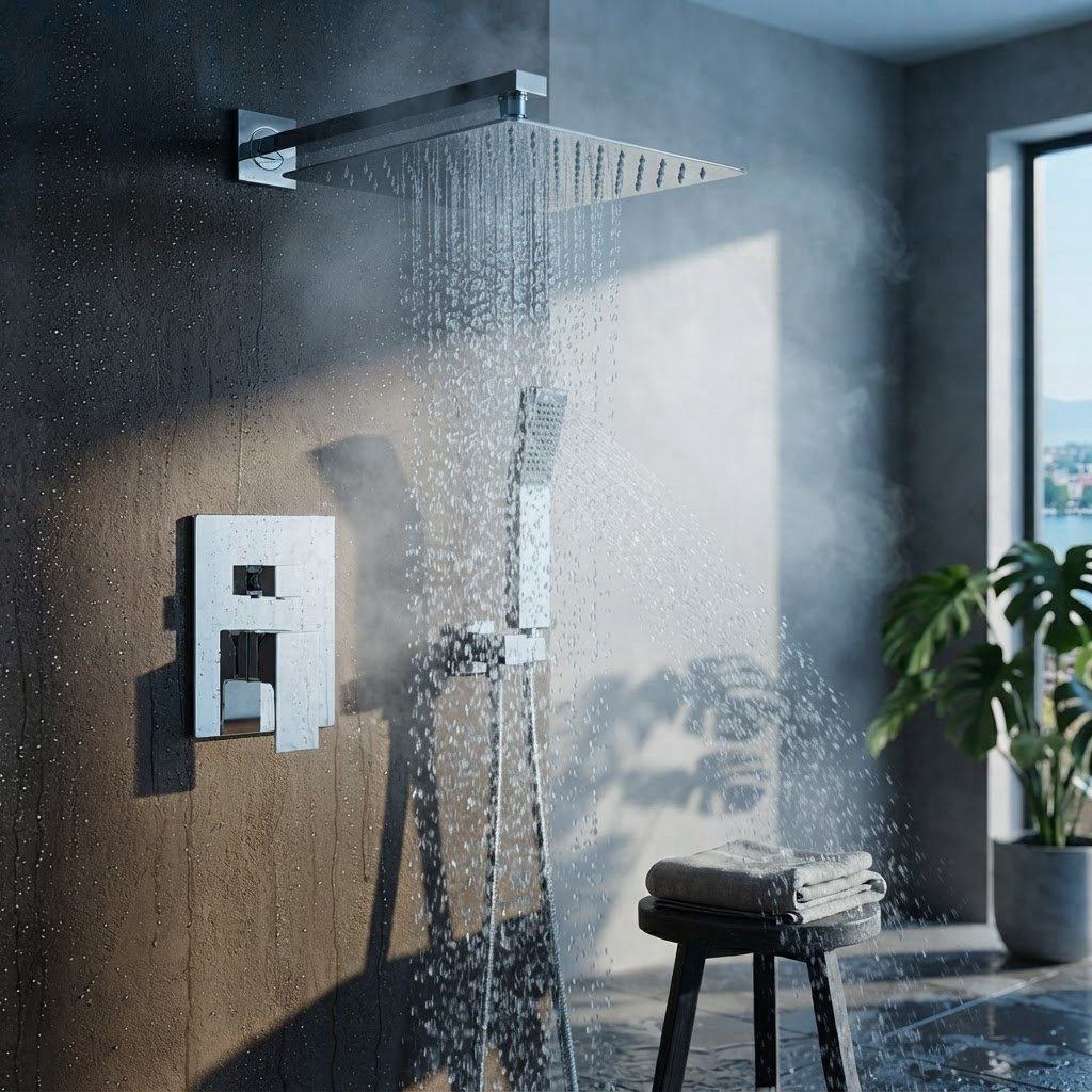 Ensemble de Douche Encastré Argenté Effet Pluie – Pommeau Plat 30 cm en Inox 304
