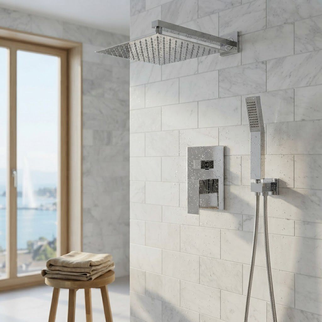 Ensemble de Douche Encastré Argenté Effet Pluie – Pommeau Plat 30 cm en Inox 304