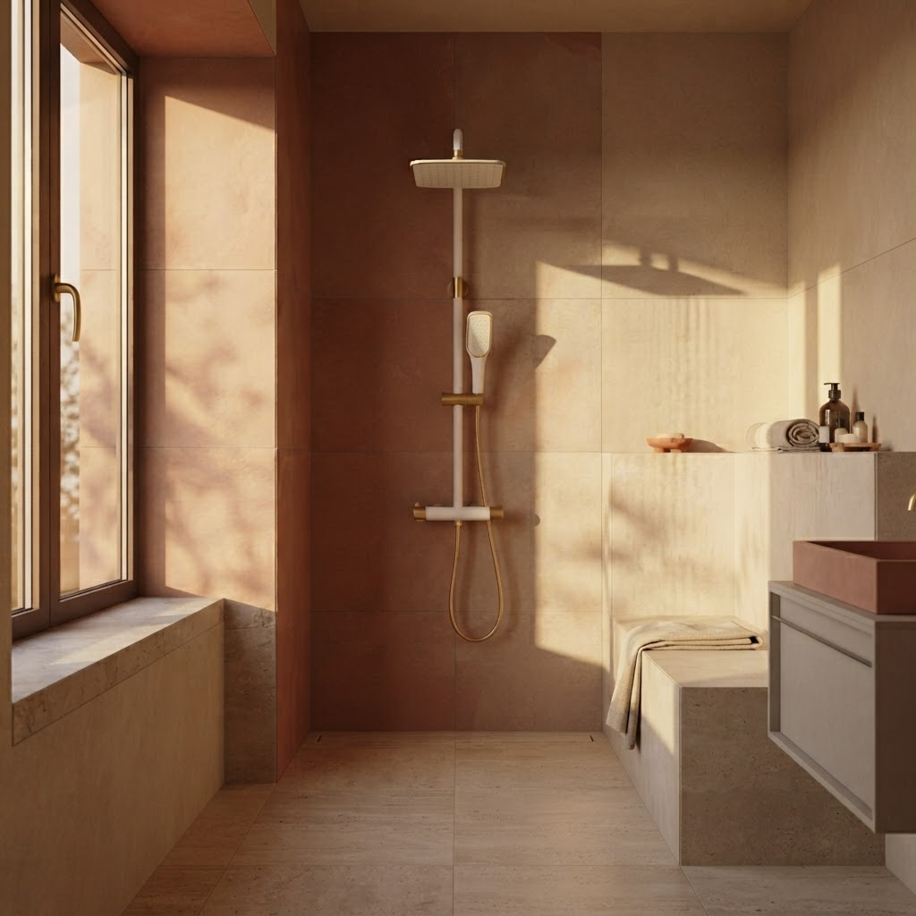 Ensemble de Douche Murale Blanc et Or – Pommeau Carré, Douchette et Mitigeur Mural