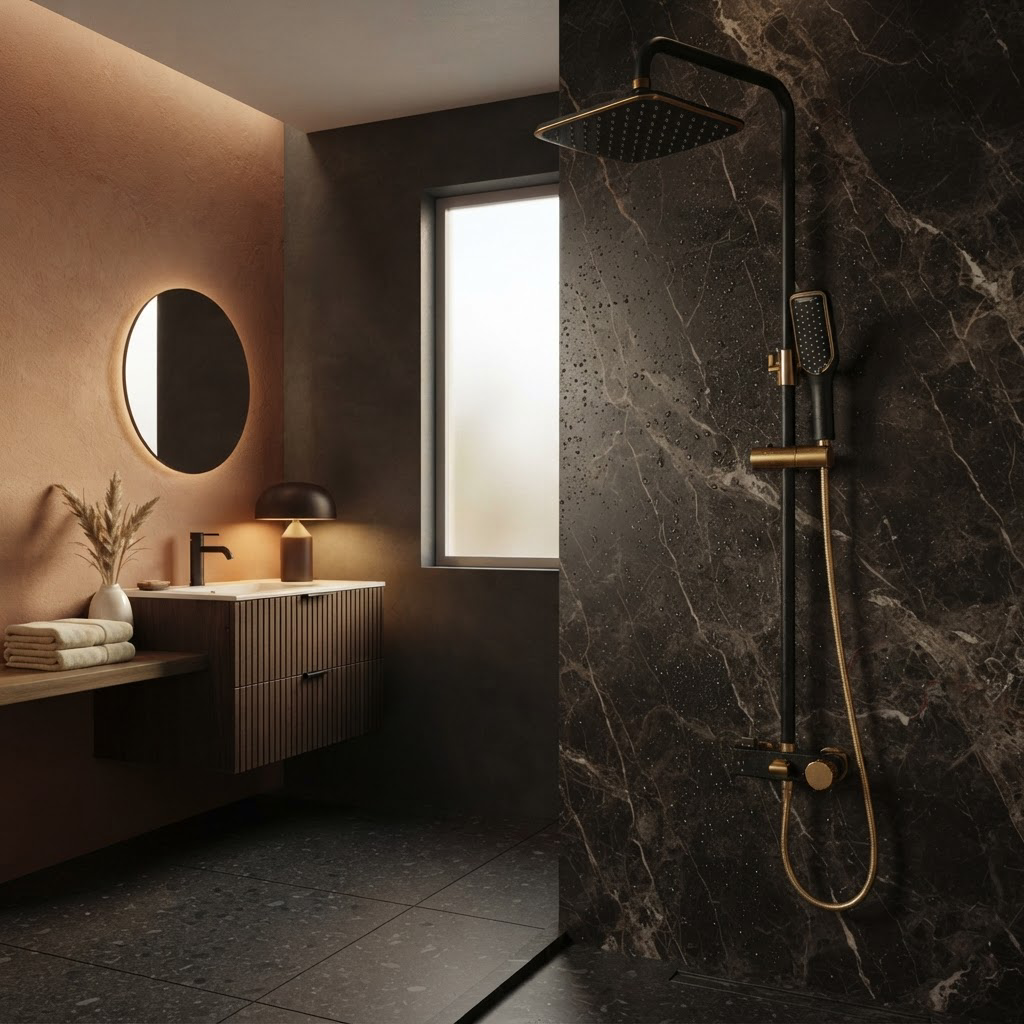 Ensemble de Douche Murale Noir et Or – Pommeau Carré, Douchette à Main et Mitigeur Mural