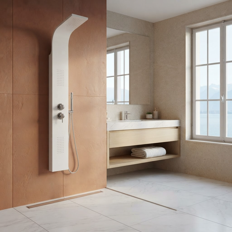 Colonne de Douche Hydromassante Blanche – Panneau Mural en Aluminium avec Jets et Tête de Douche