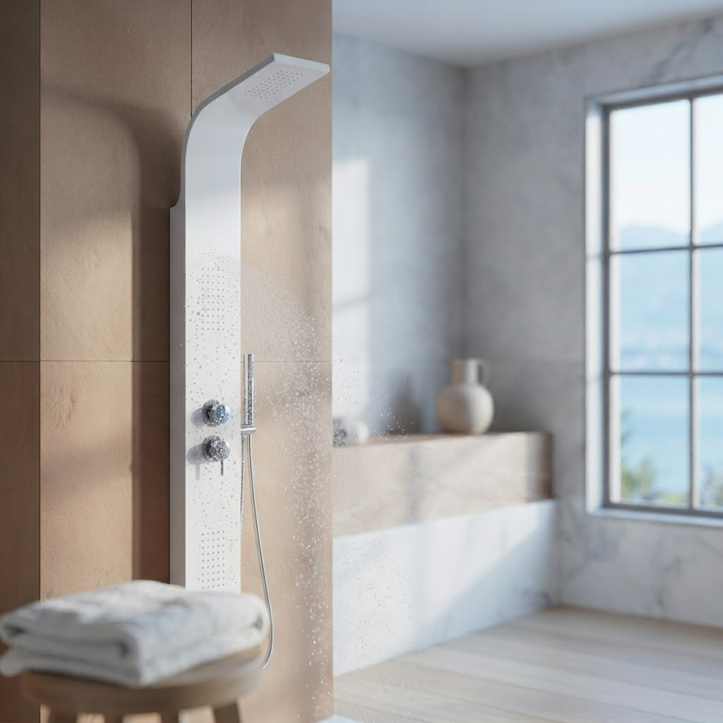 Colonne de Douche Hydromassante Blanche – Panneau Mural en Aluminium avec Jets et Tête de Douche