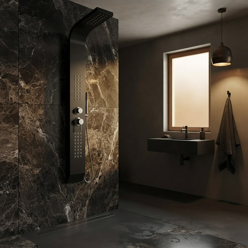 Colonne de Douche Hydromassante Noire – Panneau Mural avec Jets de Massage et Douchette