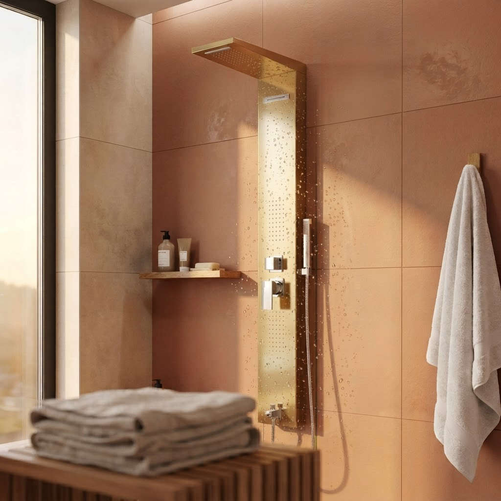 Colonne de Douche Hydromassante Dorée – Panneau Mural en Acier avec Jets de Massage et Tête Cascade