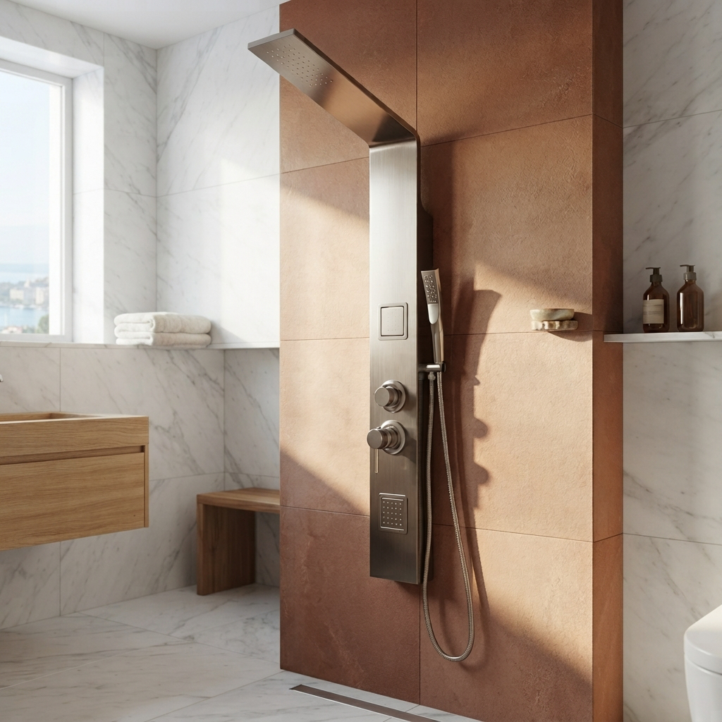 Colonne de Douche Hydromassante Argentée – Panneau Mural Inox Brossé avec Jets de Massage et Douchette
