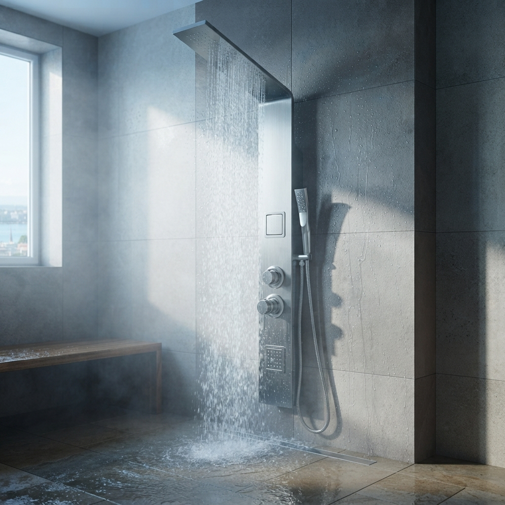 Colonne de Douche Hydromassante Argentée – Panneau Mural Inox Brossé avec Jets de Massage et Douchette