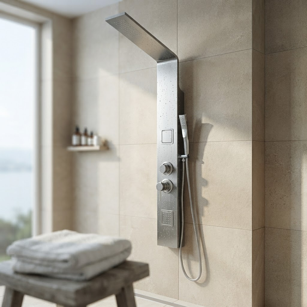 Colonne de Douche Hydromassante Argentée – Panneau Mural Inox Brossé avec Jets de Massage et Douchette