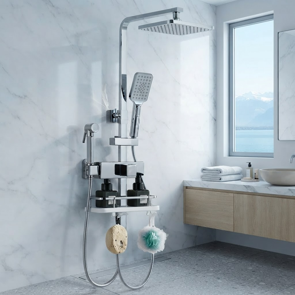 Ensemble de Douche Chromé avec Tablette de Rangement – Pommeau Pluie, Douchette et Bidet Mural