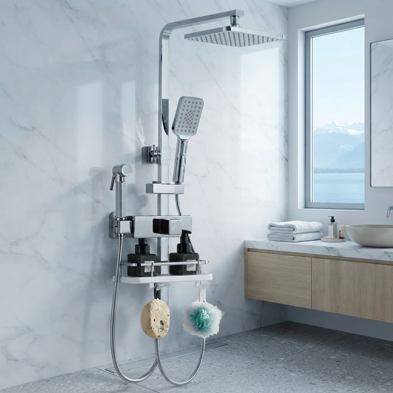Ensemble de Douche Chromé avec Tablette de Rangement – Pommeau Pluie, Douchette et Bidet Mural