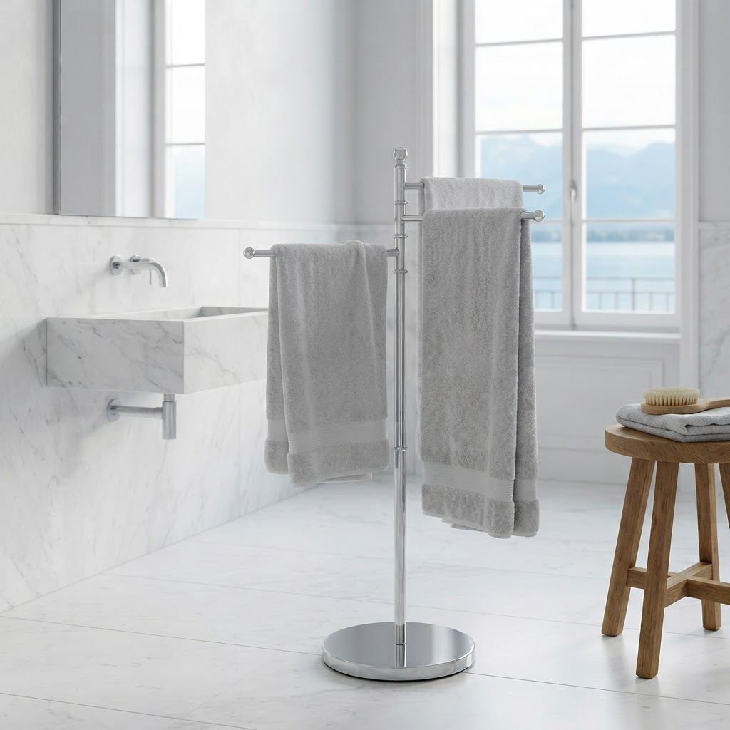 Porte-Serviettes Pivotant Chromé 3 Bras sur Pied – Sans Perçage, Hauteur 89 cm