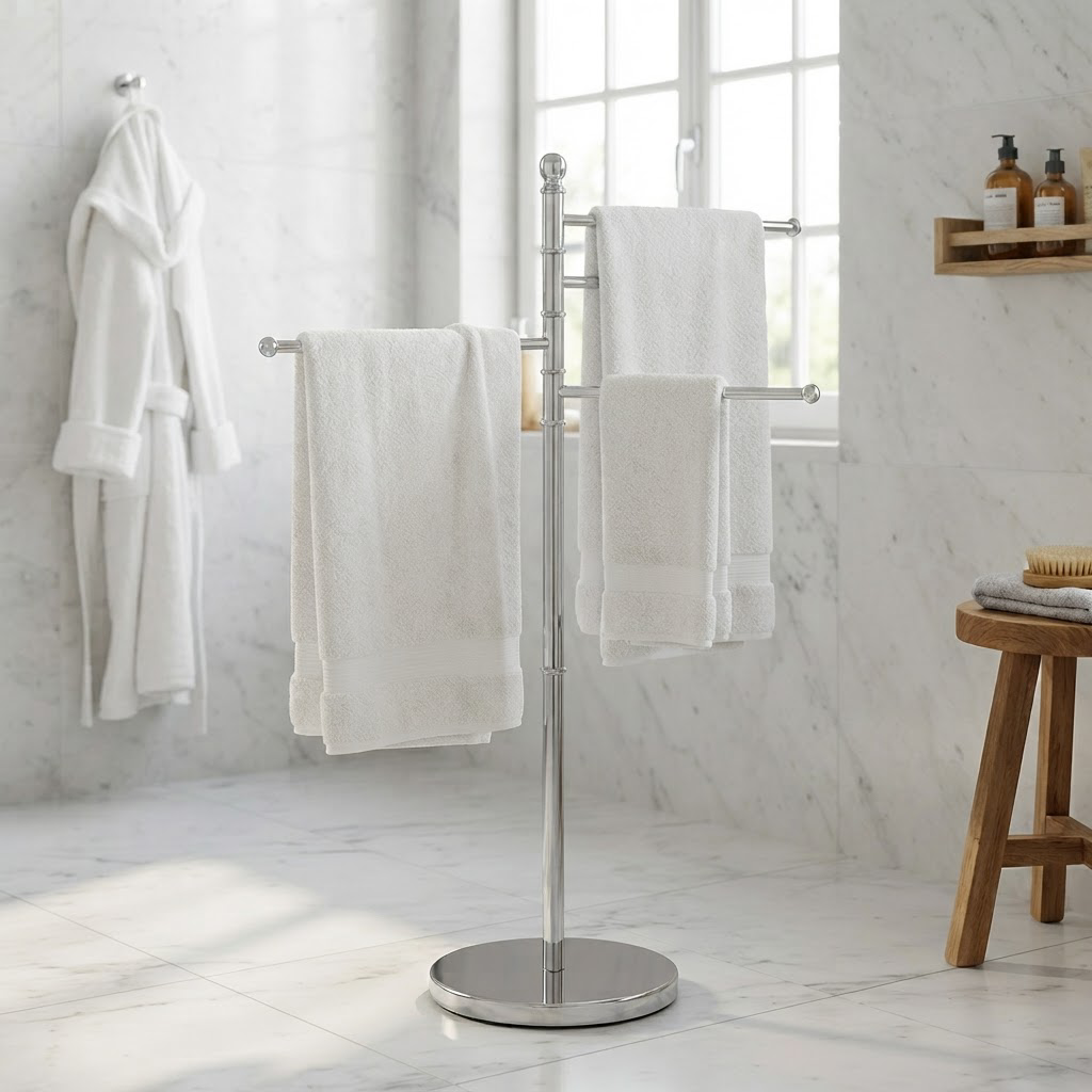 Porte-Serviettes Pivotant Chromé 3 Bras sur Pied – Sans Perçage, Hauteur 89 cm