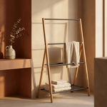 Porte-Serviettes sur Pied en Bois 3 Barres avec Étagère