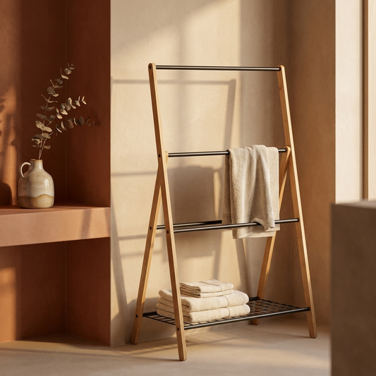 Porte-Serviettes sur Pied en Bois 3 Barres avec Étagère