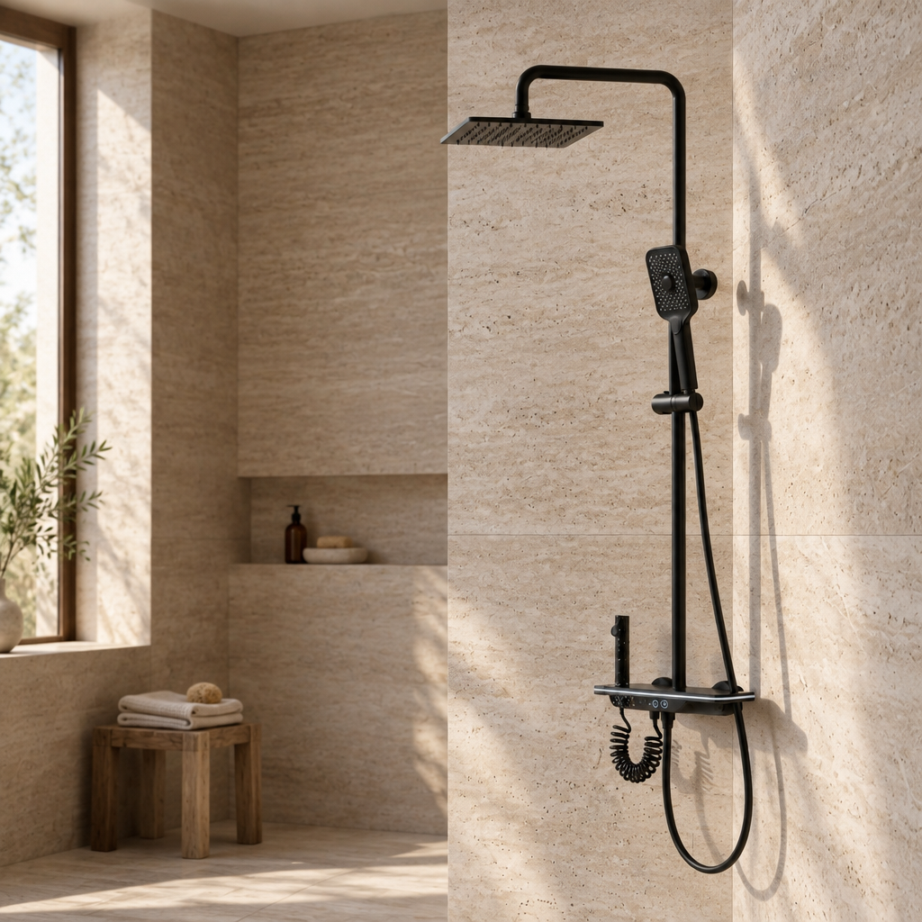 Colonne de Douche Thermostatique Noire à Affichage LED – Température Digitale, Sans Pile