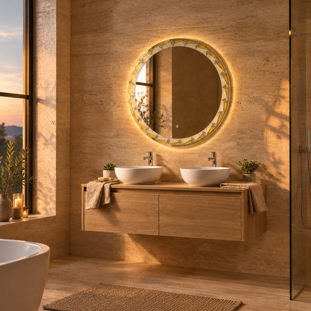 Miroir Rond LED à Cadre Mosaïque Ø 80 cm – Miroir Salle de Bain Rétroéclairé et Tactile