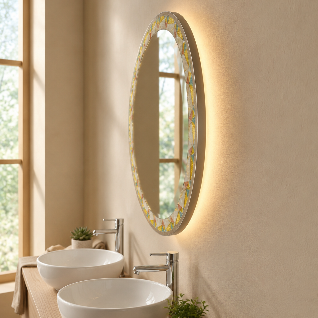 Miroir Rond LED à Cadre Mosaïque Ø 80 cm – Miroir Salle de Bain Rétroéclairé et Tactile