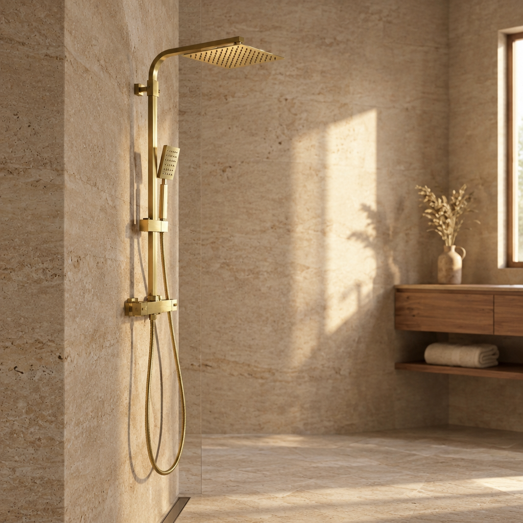 Colonne de Douche Dorée Murale – Thermostatique en Laiton avec Pommeau Pluie et Douchette
