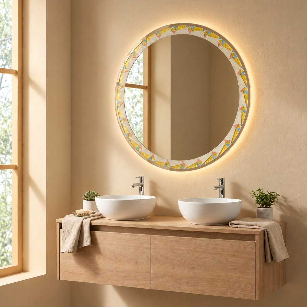 Miroir Rond LED à Cadre Mosaïque Ø 80 cm – Miroir Salle de Bain Rétroéclairé et Tactile
