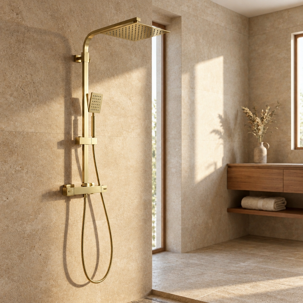 Colonne de Douche Dorée Murale – Thermostatique en Laiton avec Pommeau Pluie et Douchette