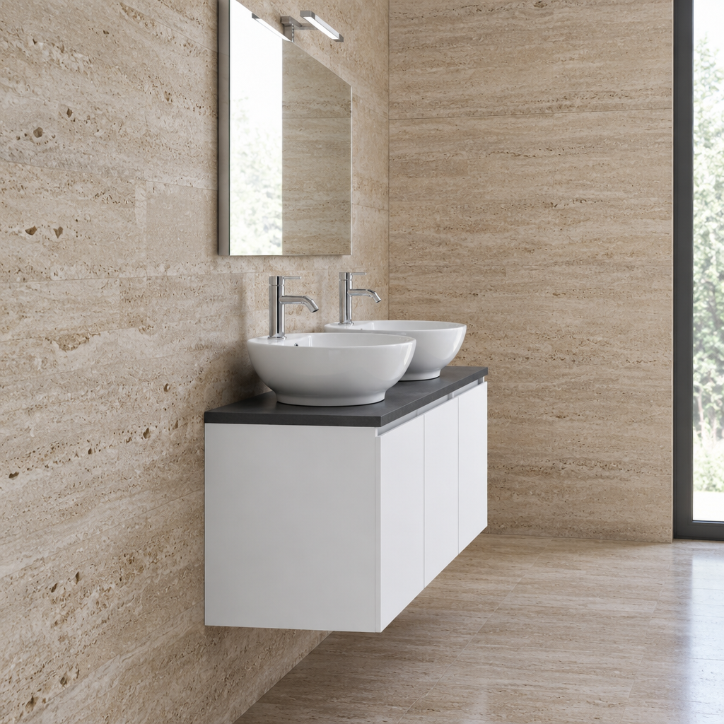 Meuble de Salle de Bain Suspendu Blanc 120 cm – Façade Effet Bois, Plan Anthracite et Miroir