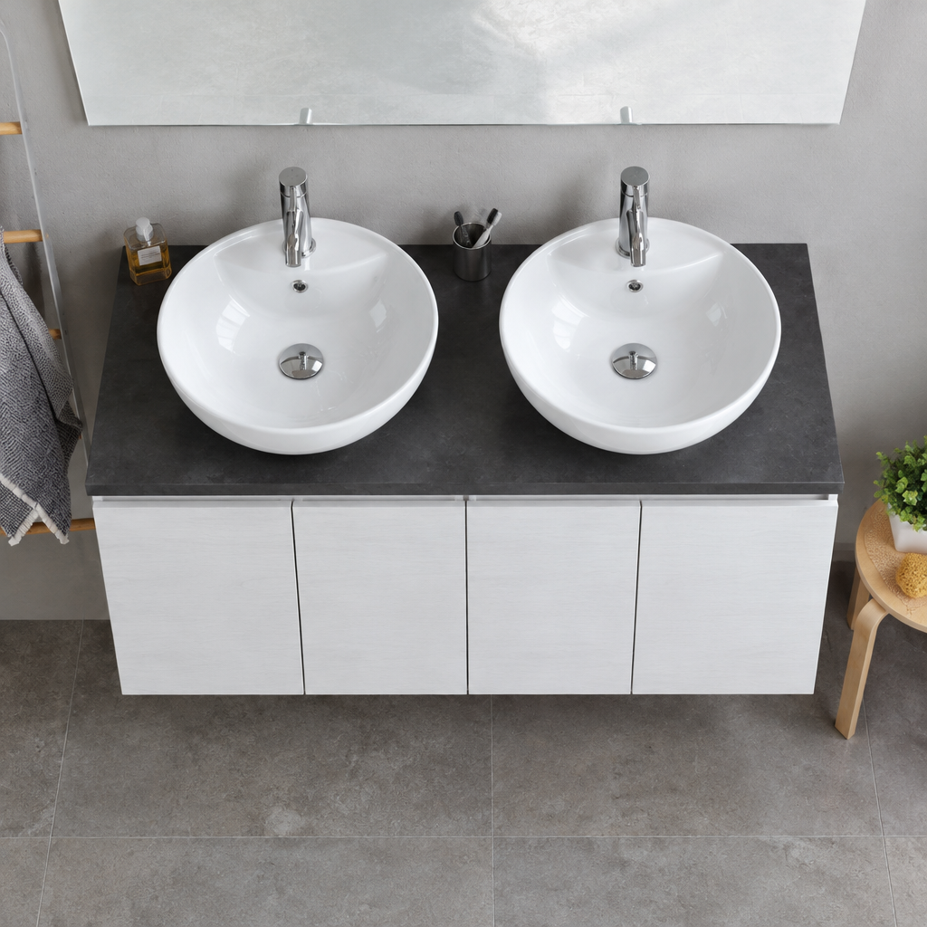 Meuble de Salle de Bain Suspendu Blanc 120 cm – Façade Effet Bois, Plan Anthracite et Miroir