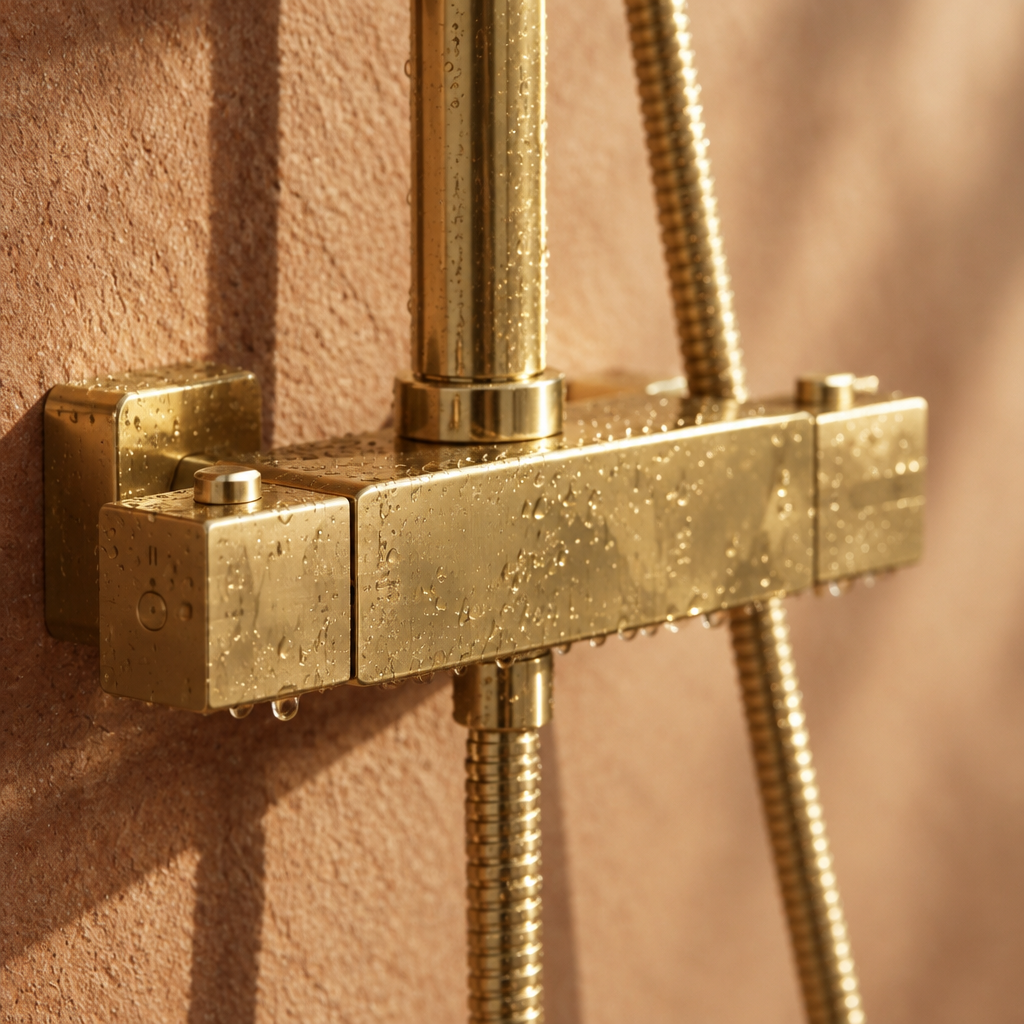 Colonne de Douche Dorée Murale – Thermostatique en Laiton avec Pommeau Pluie et Douchette