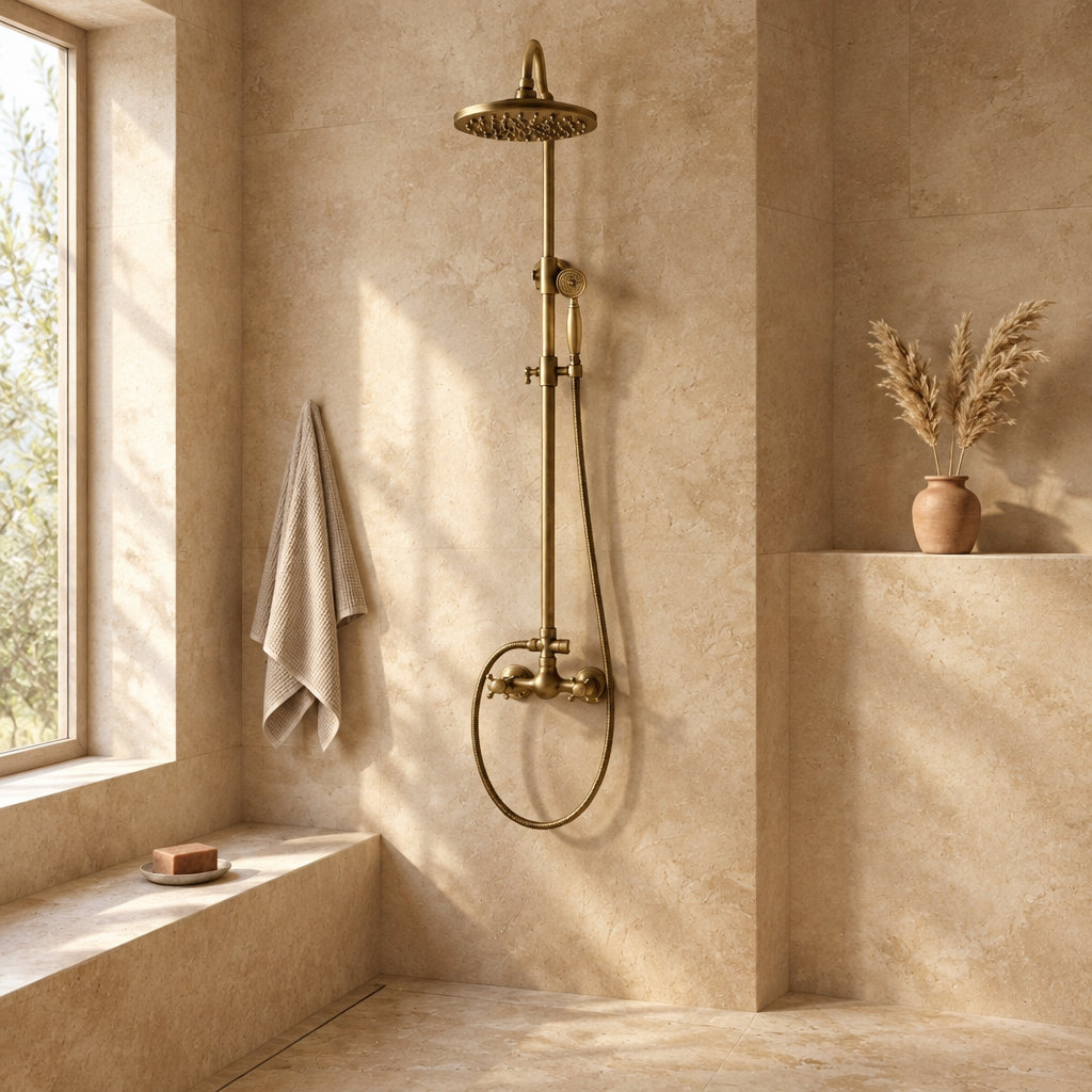Colonne de Douche en Laiton Antique avec Bec de Bain – Pommeau Pluie et Douchette, Pose Murale