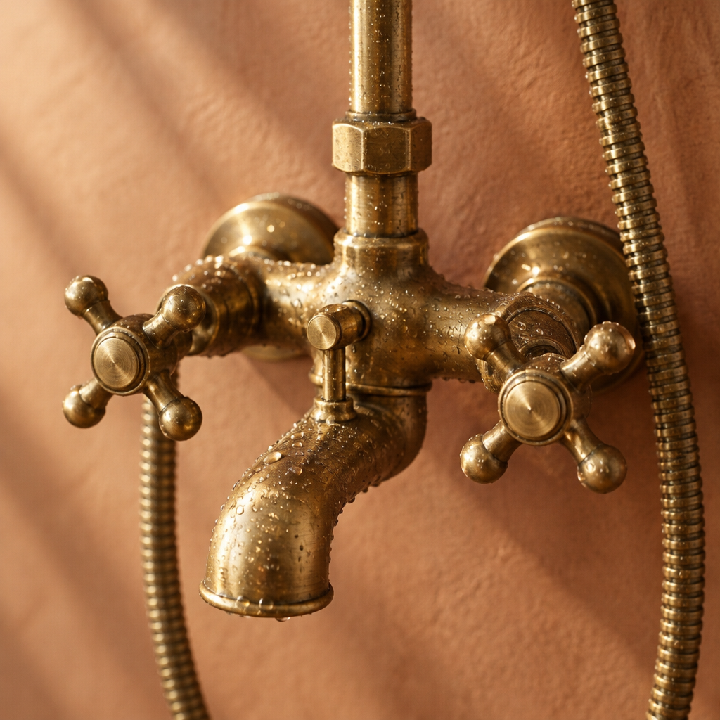 Colonne de Douche en Laiton Antique avec Bec de Bain – Pommeau Pluie et Douchette, Pose Murale